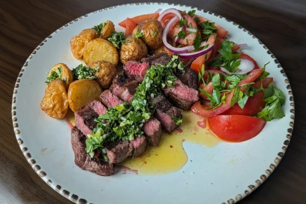 Argentinsk entrecôte med chimichurri, sprøde kartofler og tomatsalat