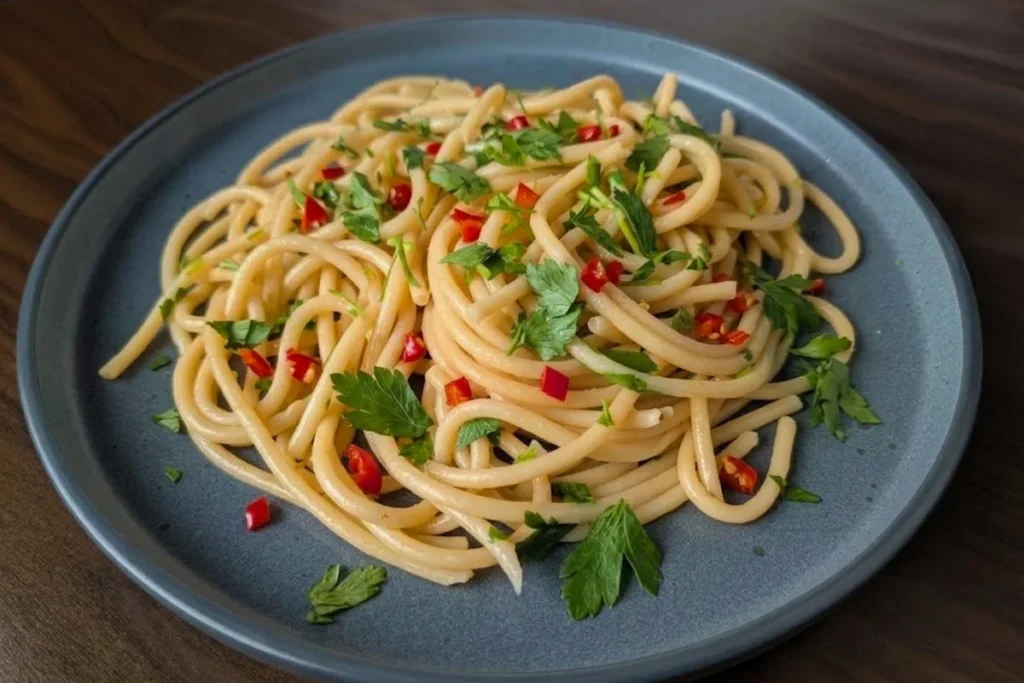 Spaghetti aglio, olio e peperoncino med hvidløg, chili og persille